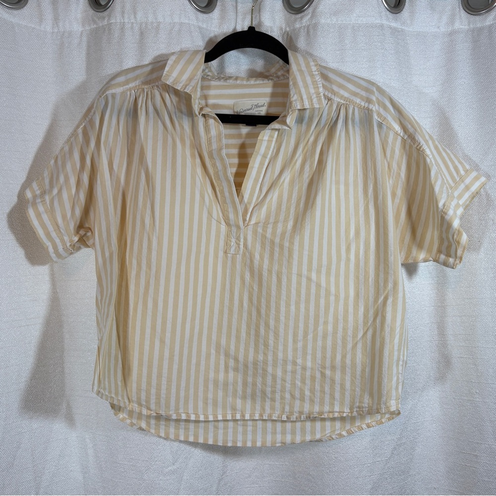Universal Thread Cream Striped Collared pull Over Cropped Blouse